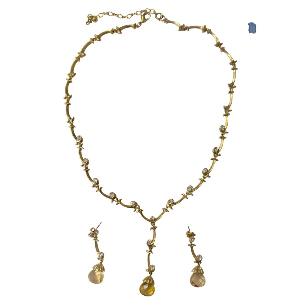 Gold Tone Crystal Accent Faceted Amber-Color Teardrop Y-Necklace and Dangle‎